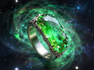Silver ring with a vivid green gemstone set against a glowing cosmic background.