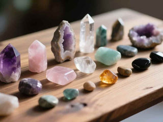 Assorted crystals and stones arranged on a wooden table.
