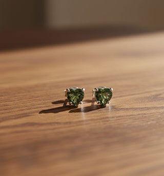 Moldavite Faceted Dainty Heart Shaped Earring studs in 925 sterling silver (4mm)