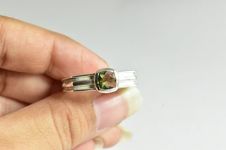 Faceted 6mm Moldavite Sterling Silver Mens Ring, Handcrafted
